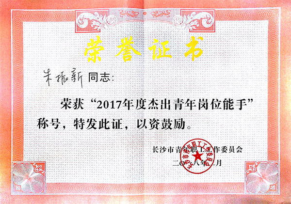 币游国际智能朱振新荣获长沙市2017年度优异青年岗位能手